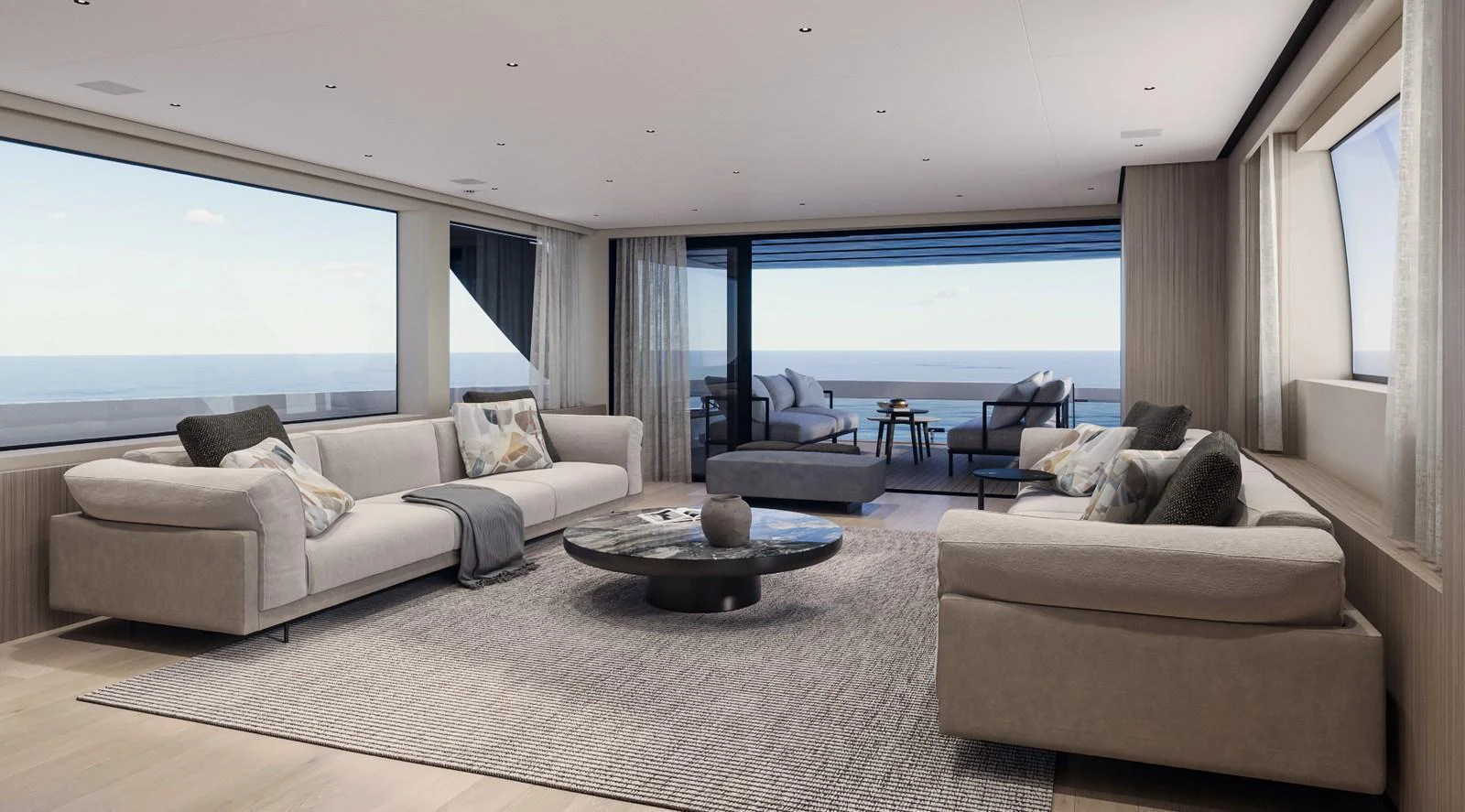 The spacious salon offers a luxurious and comfortable seating area with panoramic ocean views. aboard TELL NO ONE Yacht for Sale