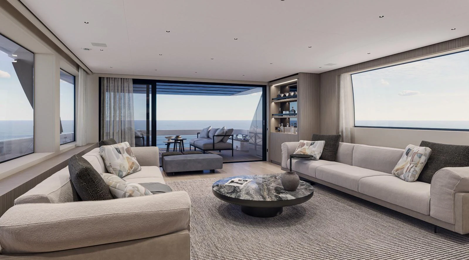 The salon offers a spacious and elegant seating area with panoramic ocean views. aboard TELL NO ONE Yacht for Sale