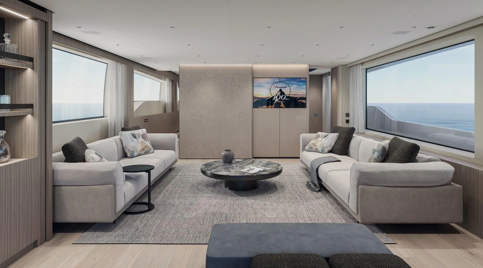 The spacious and elegantly designed salon offers panoramic views and luxurious seating. aboard TELL NO ONE Yacht for Sale