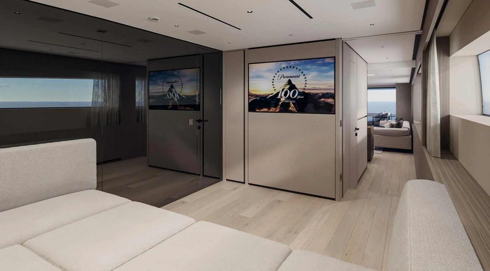 The yacht's interior features a modern, minimalist design with sleek lines and a neutral color palette. aboard TELL NO ONE Yacht for Sale