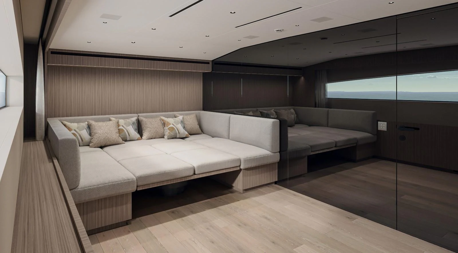 The yacht's salon features a spacious and modern seating area with plush cushions and elegant wood finishes. aboard TELL NO ONE Yacht for Sale