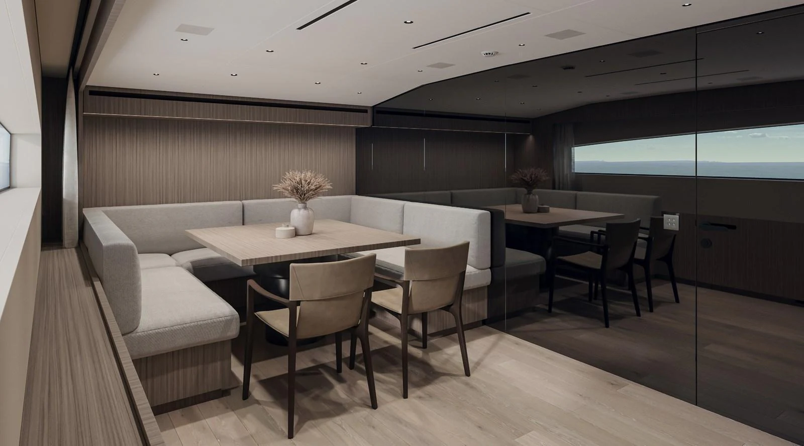 The yacht's interior features a modern dining area with sleek furnishings and a serene ambiance. aboard TELL NO ONE Yacht for Sale