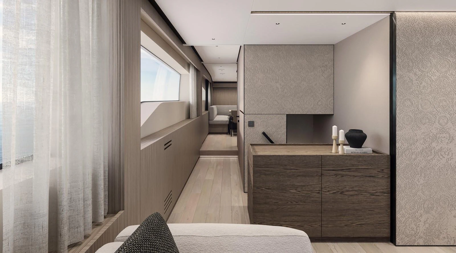 The yacht's interior features a modern and elegant design with neutral tones and sleek furnishings. aboard TELL NO ONE Yacht for Sale