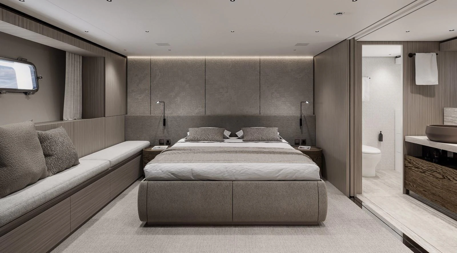 The master stateroom features a luxurious bed, ample seating, and an en-suite bathroom. aboard TELL NO ONE Yacht for Sale