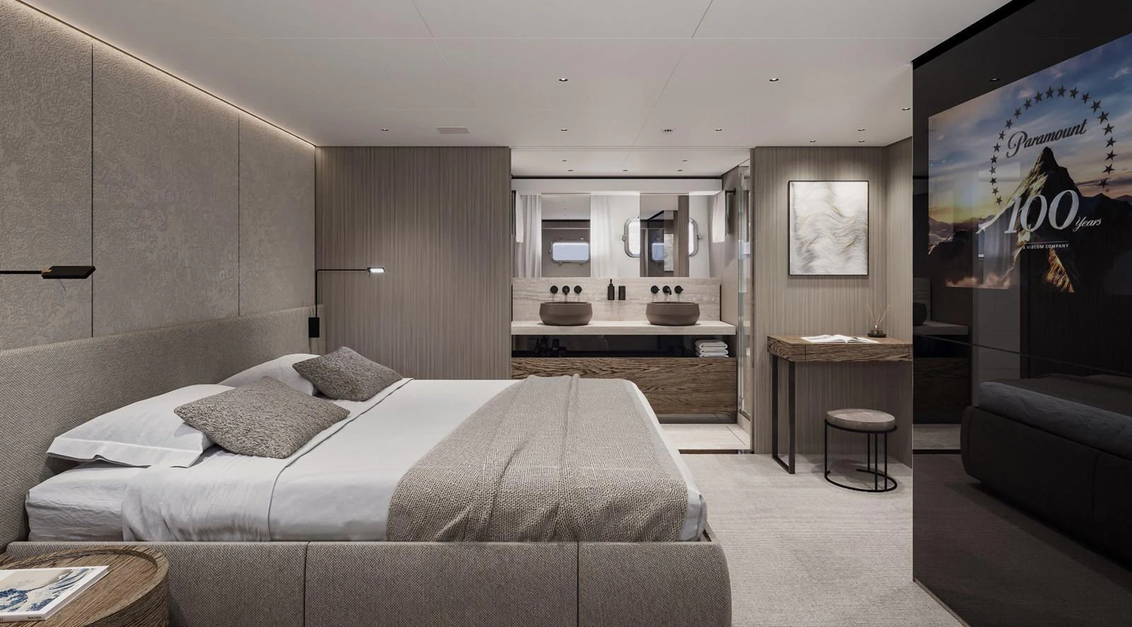 The master stateroom features a luxurious bed, modern decor, and an en-suite bathroom with dual sinks. aboard TELL NO ONE Yacht for Sale