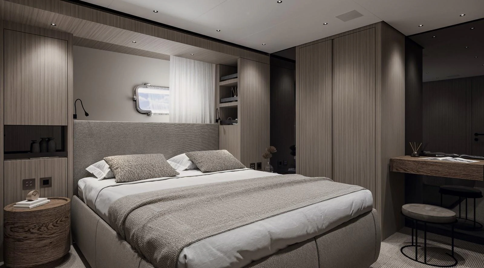 The master stateroom features a luxurious bed with modern decor and ample storage space. aboard TELL NO ONE Yacht for Sale