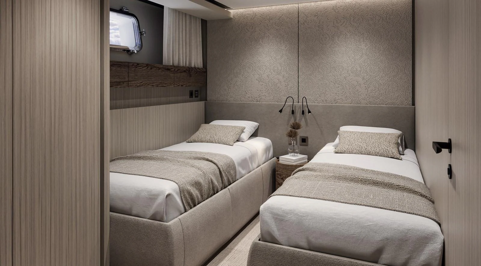 The twin stateroom features two single beds with elegant bedding and modern lighting. aboard TELL NO ONE Yacht for Sale