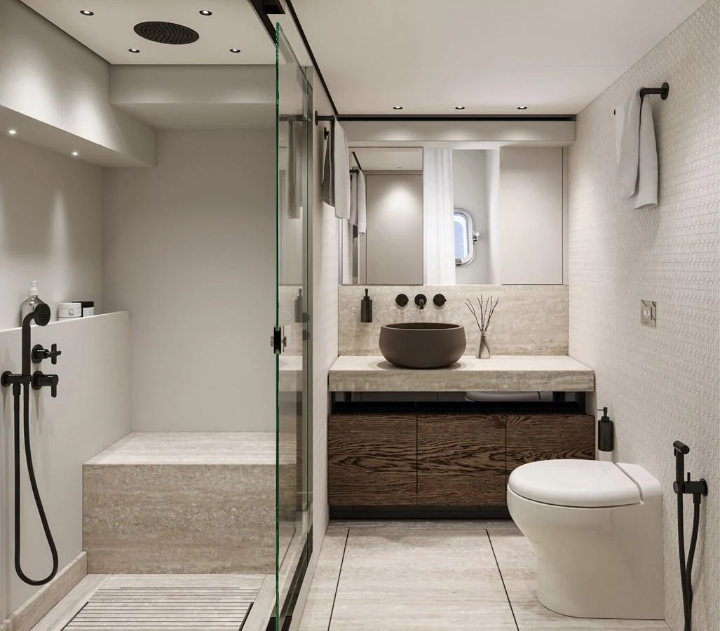 The yacht's bathroom features a modern design with elegant fixtures and a spacious layout. aboard TELL NO ONE Yacht for Sale
