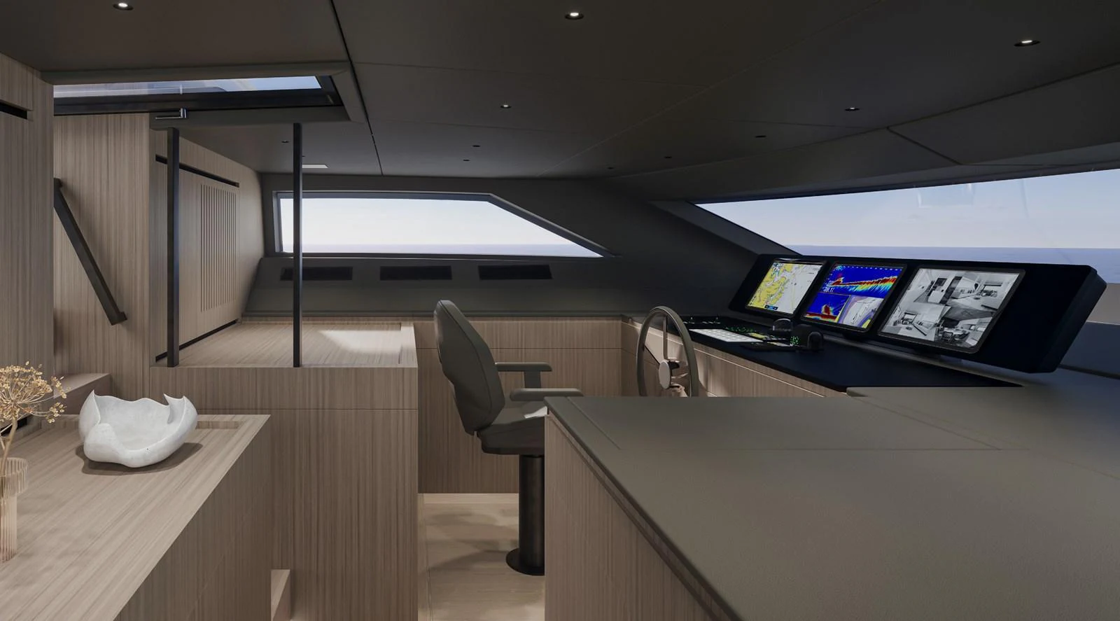The helm station features modern navigation equipment and a sleek, minimalist design. aboard TELL NO ONE Yacht for Sale