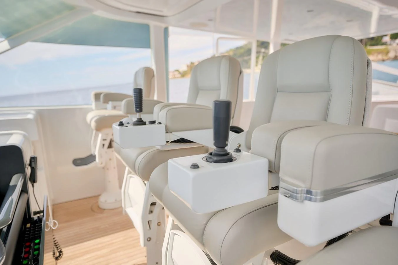 The helm area features plush, modern seating with advanced control systems. aboard ZARKAVA Yacht for Sale