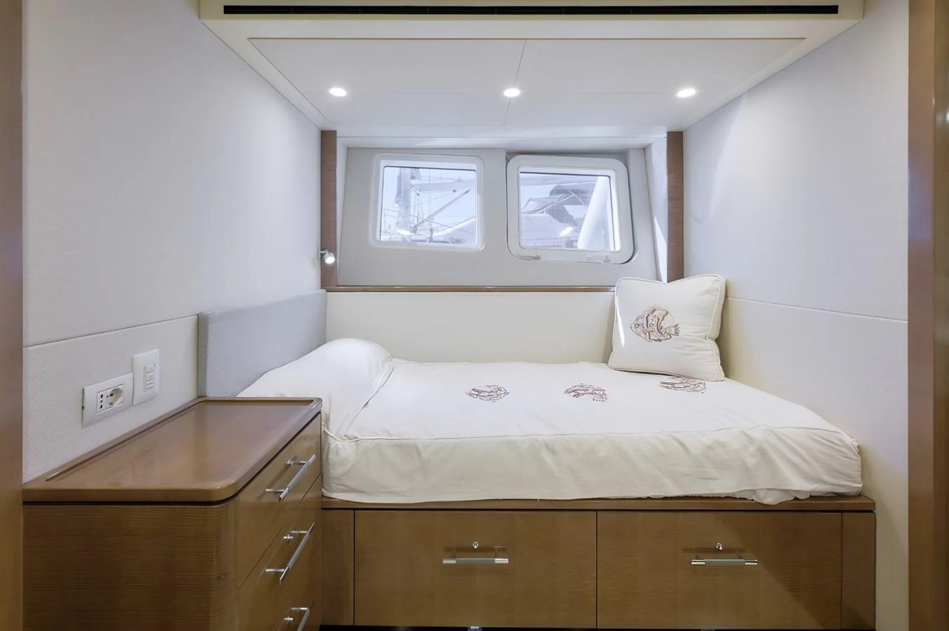 A cozy guest cabin with a comfortable bed and ample storage space. aboard ZARKAVA Yacht for Sale