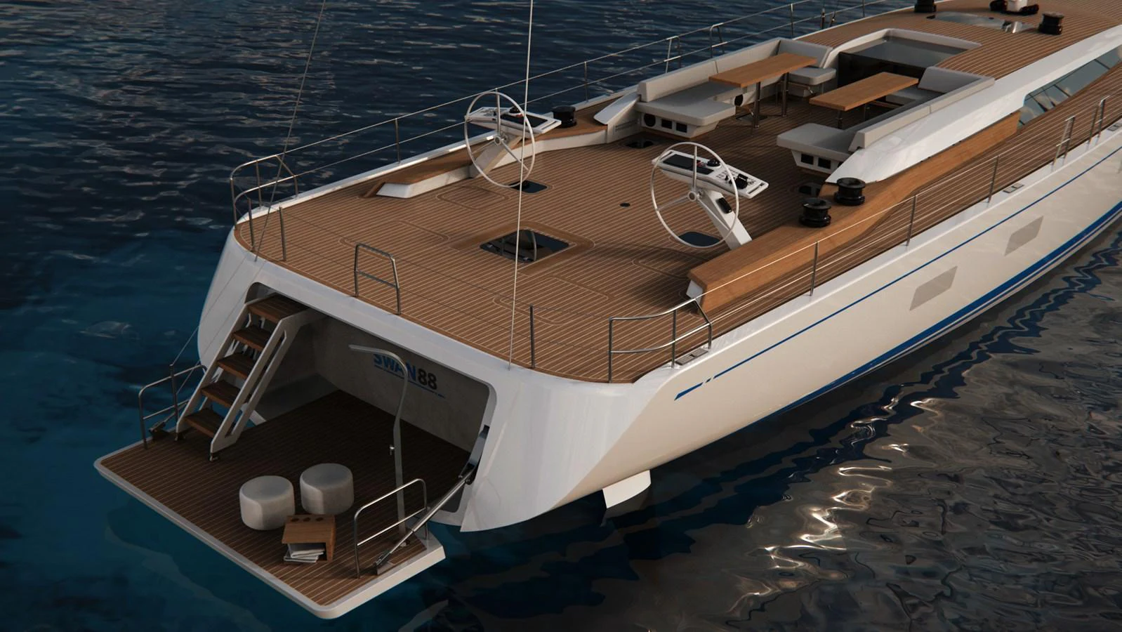 The yacht's aft deck features a spacious and elegant design with ample seating and a swim platform. aboard TO BE DECIDED Yacht for Sale