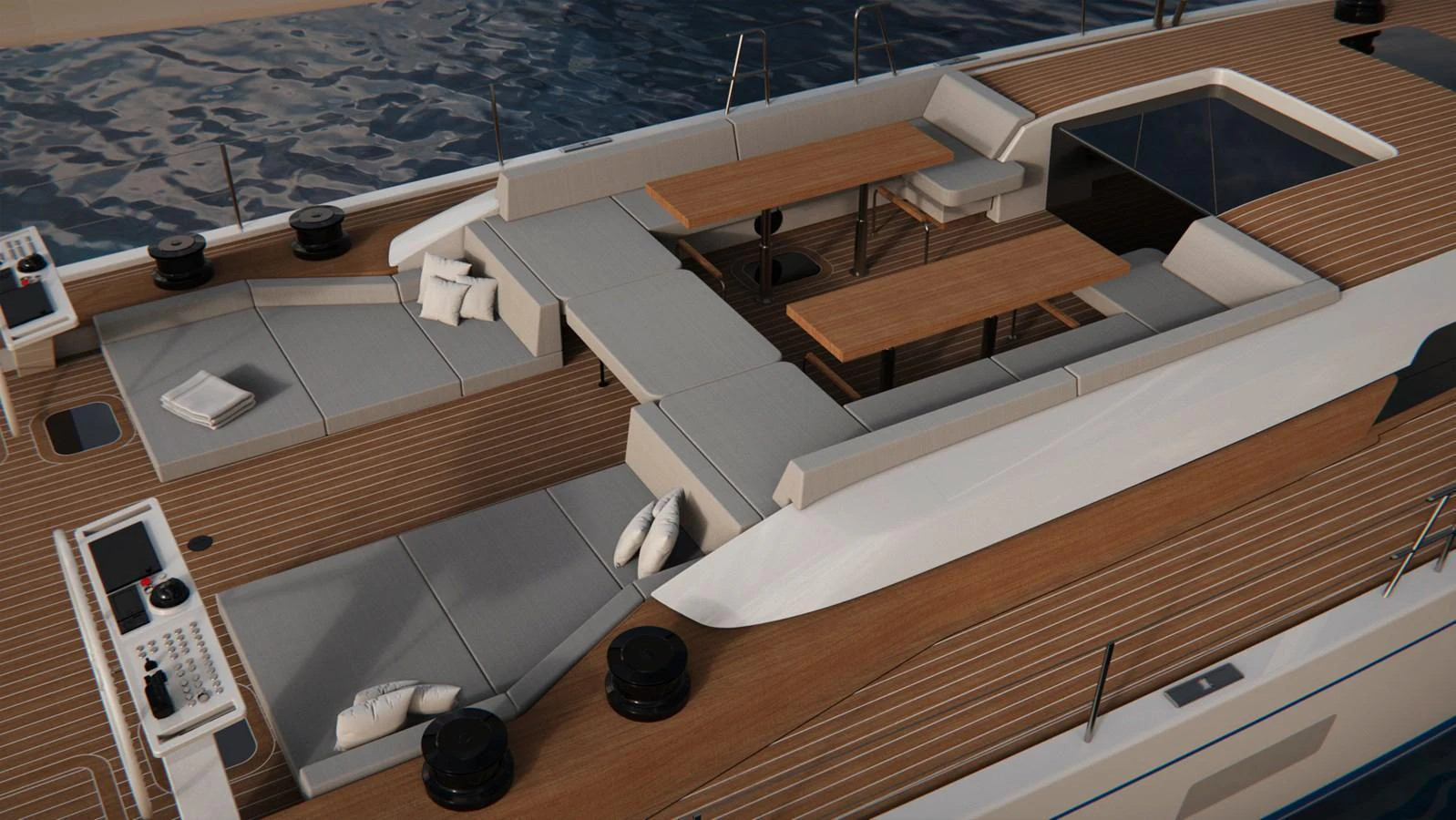 The yacht's aft deck features a spacious lounging area with comfortable seating and dining tables, perfect for relaxation and socializing. aboard TO BE DECIDED Yacht for Sale