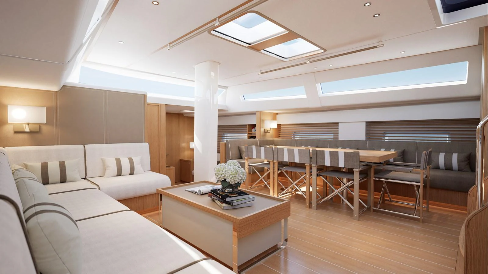 The spacious salon features elegant seating and ample natural light from overhead skylights. aboard TO BE DECIDED Yacht for Sale