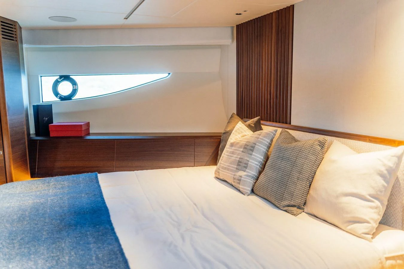 A cozy stateroom featuring a comfortable bed and elegant decor. aboard CHASE Yacht for Sale