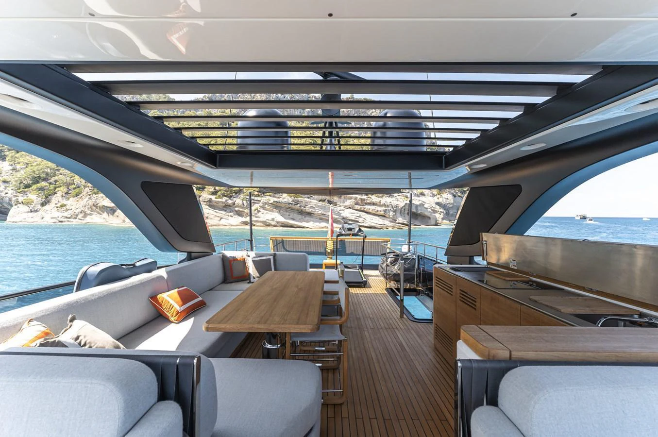 The spacious salon offers panoramic views and luxurious seating arrangements. aboard ORCA I Yacht for Sale