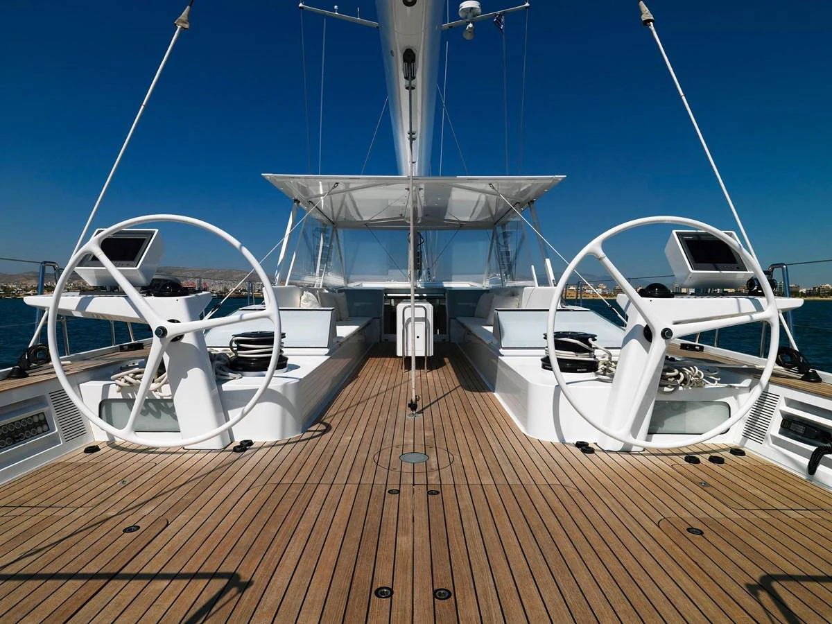 The yacht features a sleek and modern helm station with dual steering wheels and a spacious deck. aboard POLYTROPON II Yacht for Sale