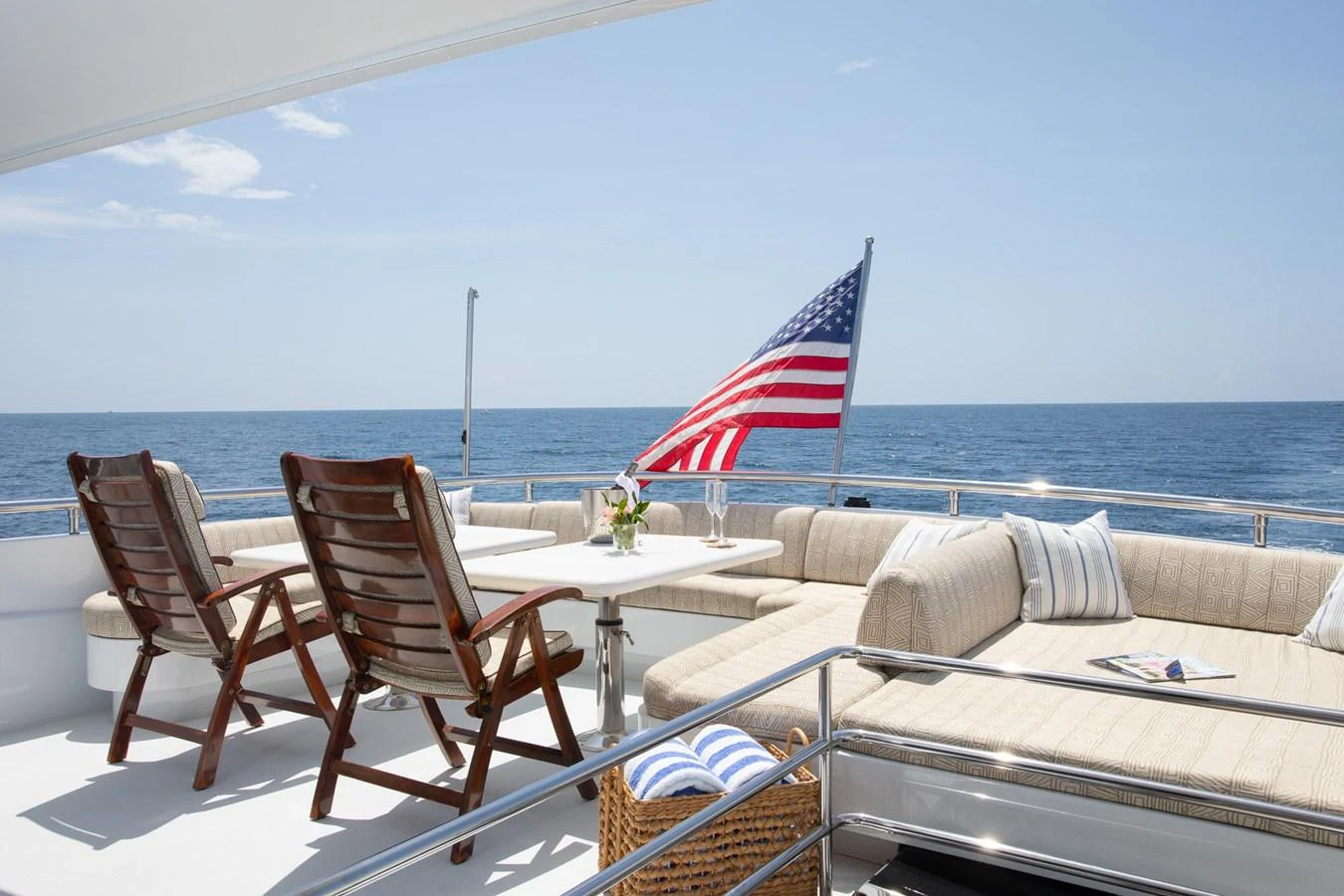 The aft deck offers a comfortable seating area with a stunning ocean view, perfect for relaxation. aboard PRIME TIME Yacht for Sale