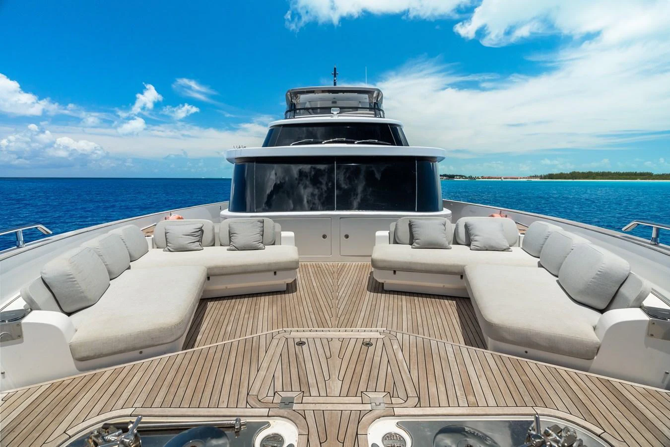 The foredeck offers a luxurious lounging area with plush seating and stunning ocean views. aboard LIFE Yacht for Sale