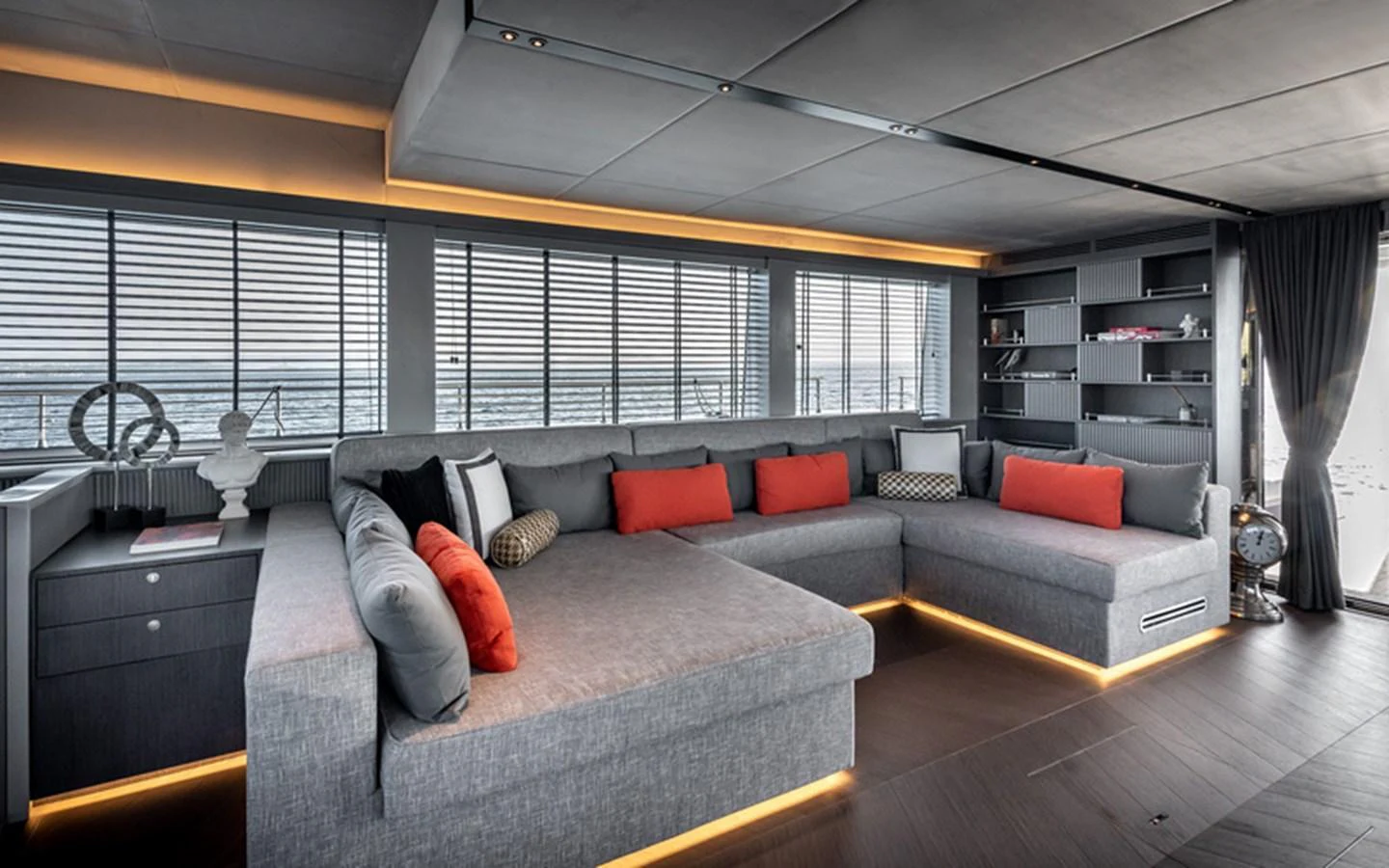 The salon features a spacious and modern seating area with elegant decor and ample natural light. aboard SITARA Yacht for Sale