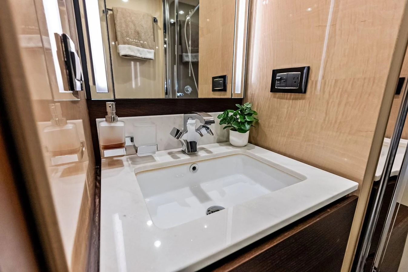 The yacht's bathroom features a modern sink with elegant fixtures and a touch of greenery. aboard CLASS DISMISSED Yacht for Sale