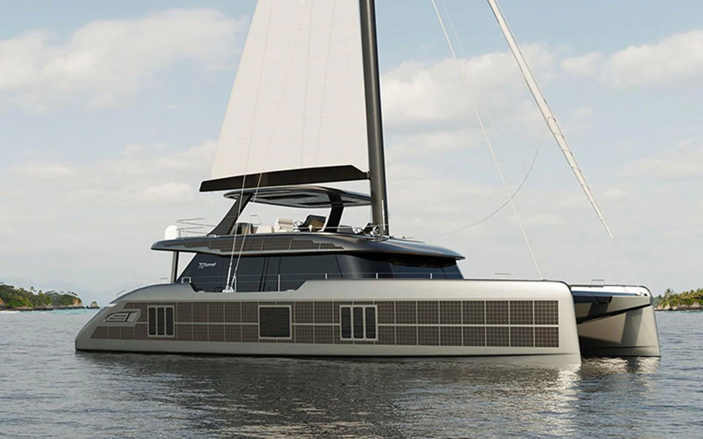 A sleek and modern catamaran yacht sails gracefully on calm waters. aboard THOR Yacht for Sale