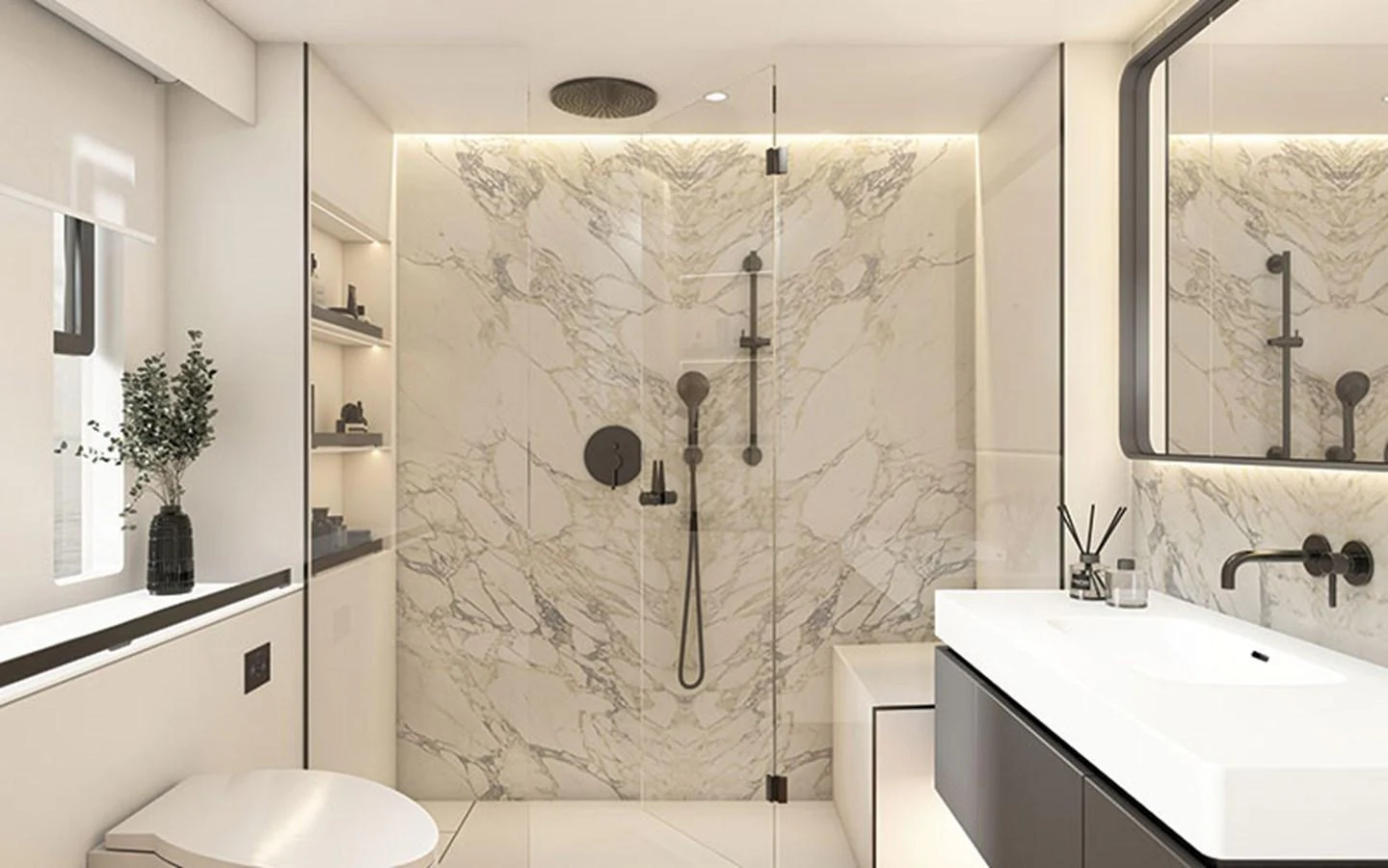 A luxurious yacht bathroom featuring a spacious shower with elegant marble walls and modern fixtures. aboard THOR Yacht for Sale