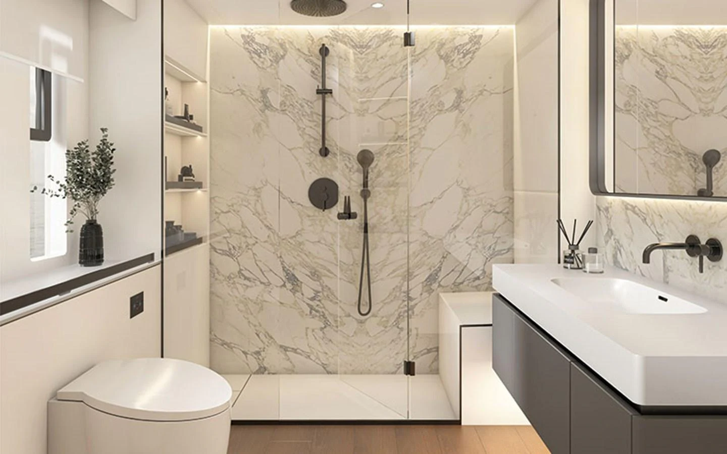 A luxurious yacht bathroom featuring elegant marble walls and modern fixtures. aboard THOR Yacht for Sale