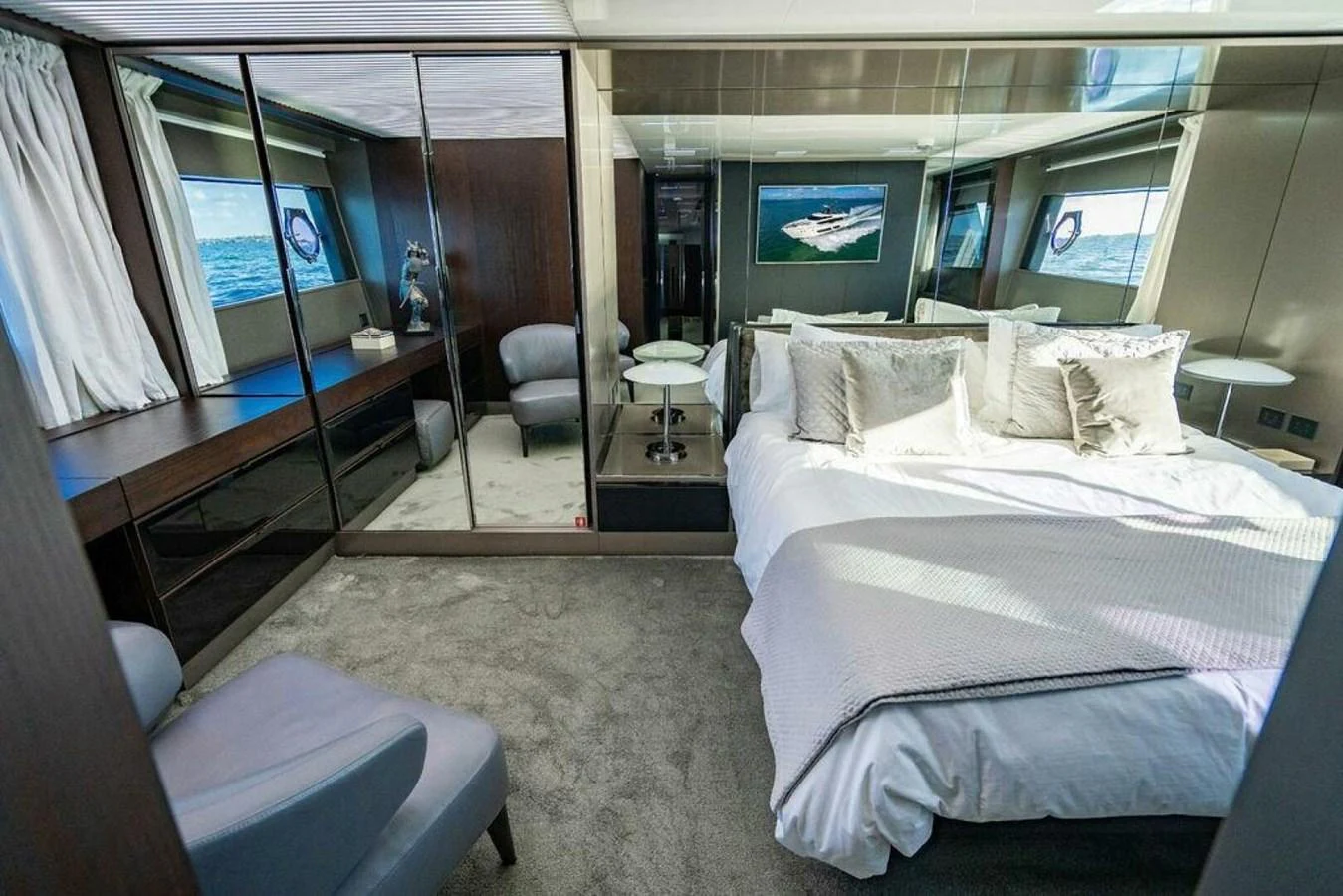 a room with two beds aboard 85 FERRETTI Yacht for Sale