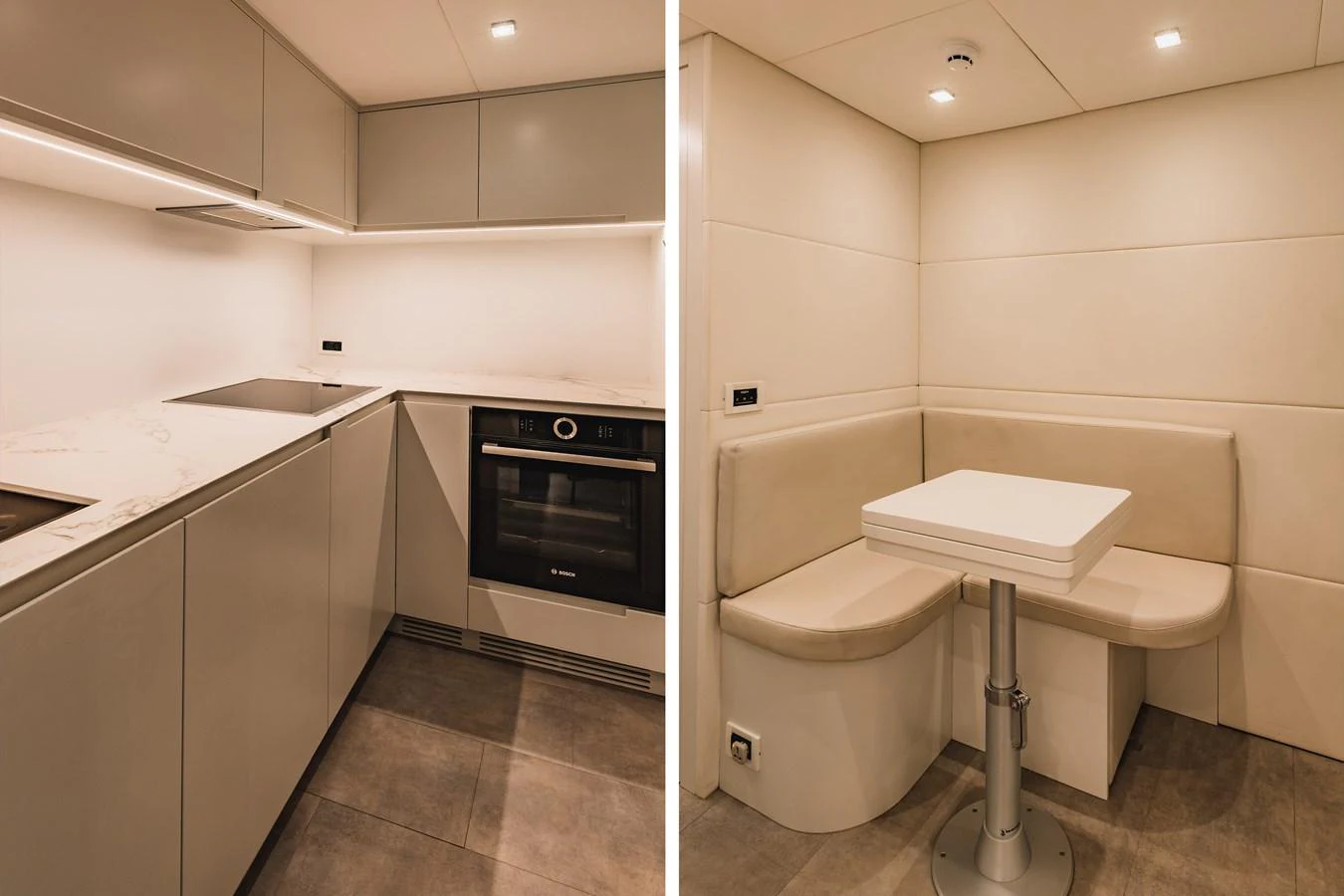 The yacht's galley features modern appliances and a cozy dining nook. aboard 2021 PERSHING 8X Yacht for Sale