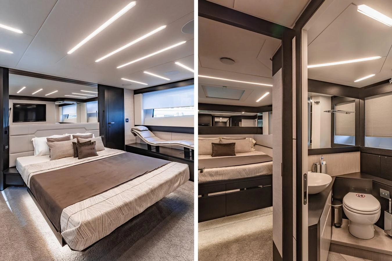 The master stateroom features a luxurious bed and modern ensuite bathroom. aboard 2021 PERSHING 8X Yacht for Sale