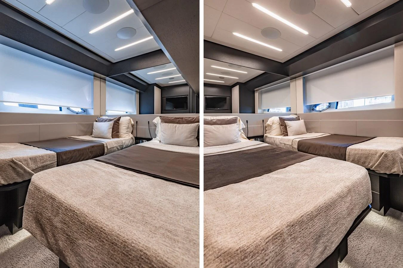 A modern guest stateroom featuring a comfortable double bed and sleek design elements. aboard 2021 PERSHING 8X Yacht for Sale