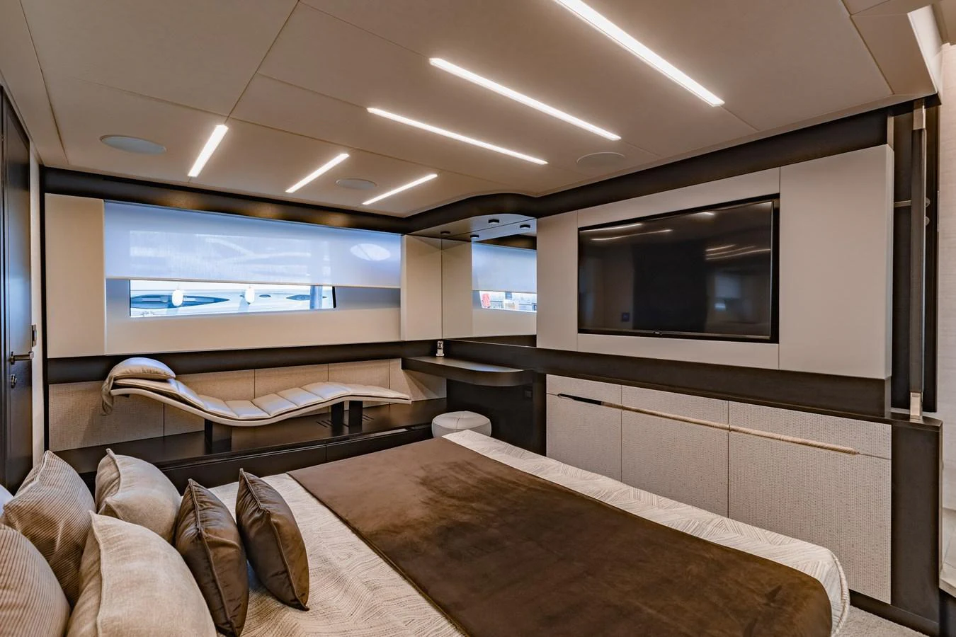 The master stateroom offers a luxurious and spacious retreat with modern amenities and elegant design. aboard 2021 PERSHING 8X Yacht for Sale