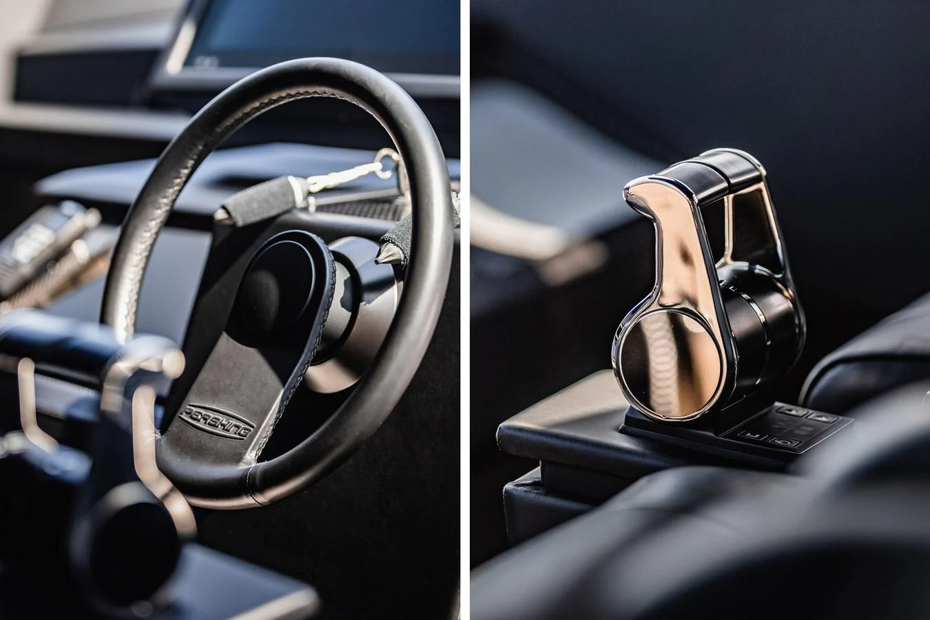A close-up view of the yacht's helm showcasing the steering wheel and throttle controls. aboard 2021 PERSHING 8X Yacht for Sale