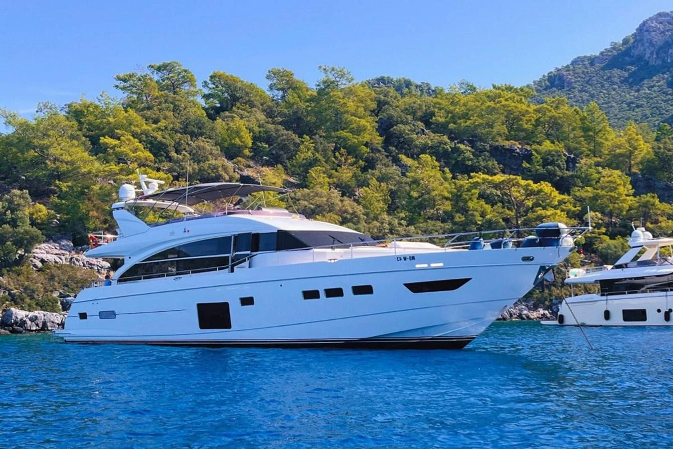 A sleek yacht is anchored in a serene bay surrounded by lush greenery. aboard MS FELICE Yacht for Sale