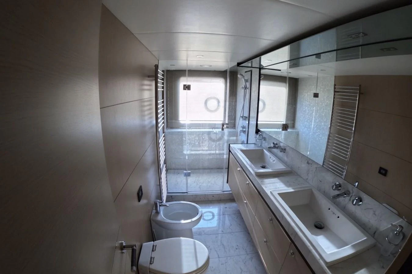 The yacht's bathroom features modern fixtures and a spacious shower area. aboard MS FELICE Yacht for Sale