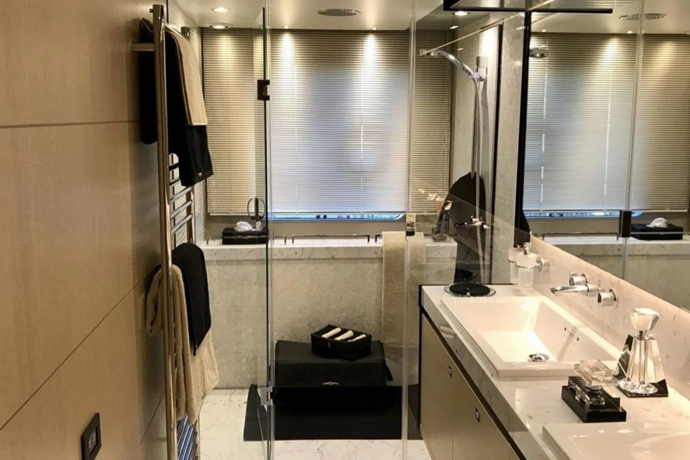 The yacht's bathroom features modern fixtures and a sleek design. aboard MS FELICE Yacht for Sale