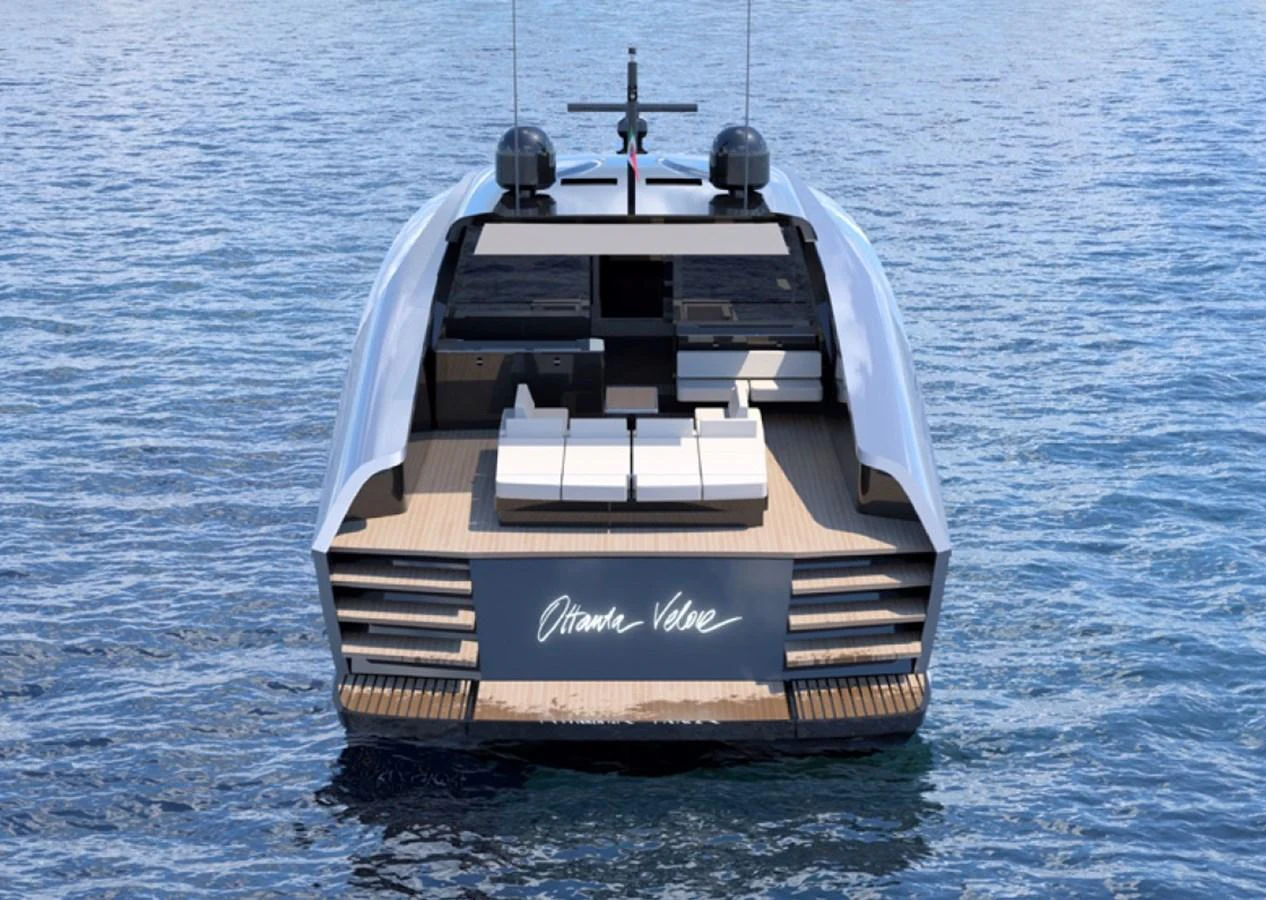 The yacht's sleek aft deck features modern seating arrangements and a spacious layout, perfect for relaxation and entertainment. aboard OTTANTA VELOCE Yacht for Sale