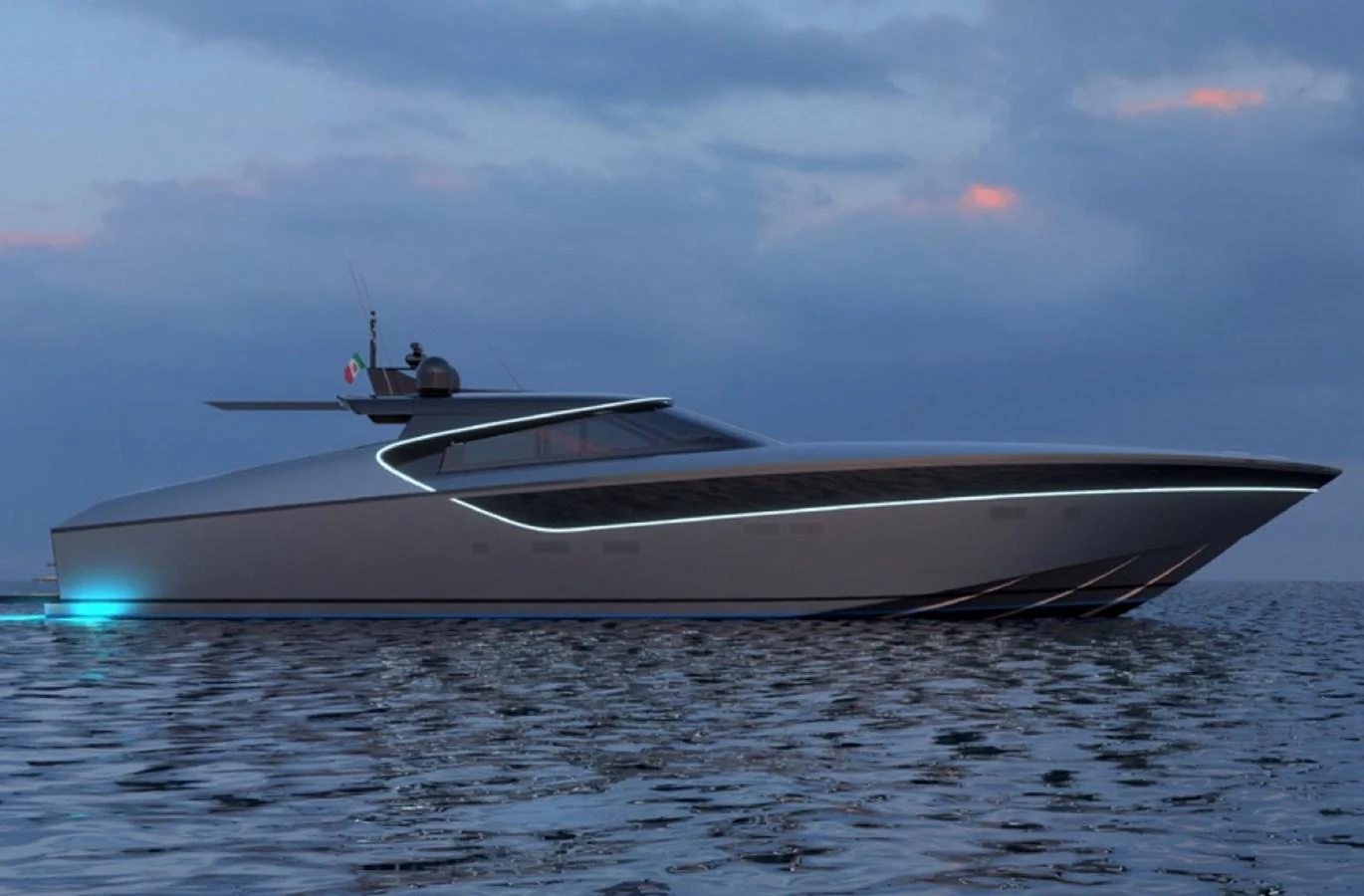 A sleek and modern yacht glides gracefully on calm waters at dusk. aboard OTTANTA VELOCE Yacht for Sale