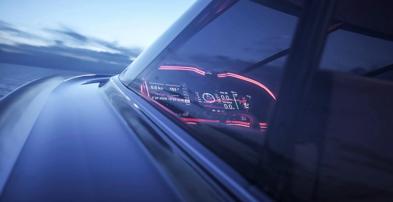 The image captures the sleek and modern helm of the yacht with illuminated digital displays, set against a serene twilight backdrop. aboard OTTANTA VELOCE Yacht for Sale