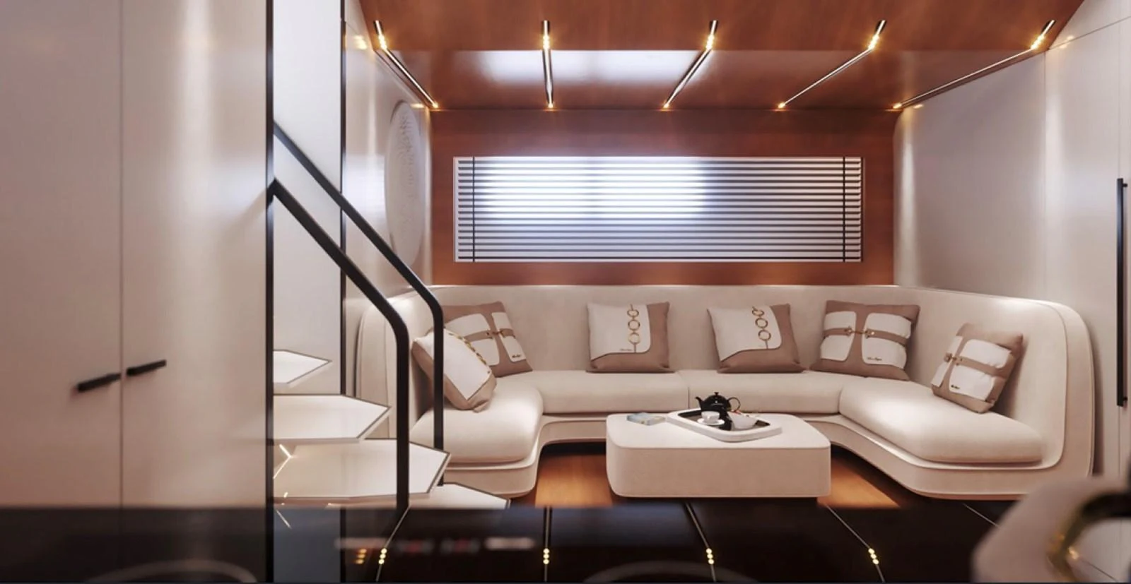The salon features a modern and cozy seating area with elegant lighting and stylish decor. aboard OTTANTA VELOCE Yacht for Sale