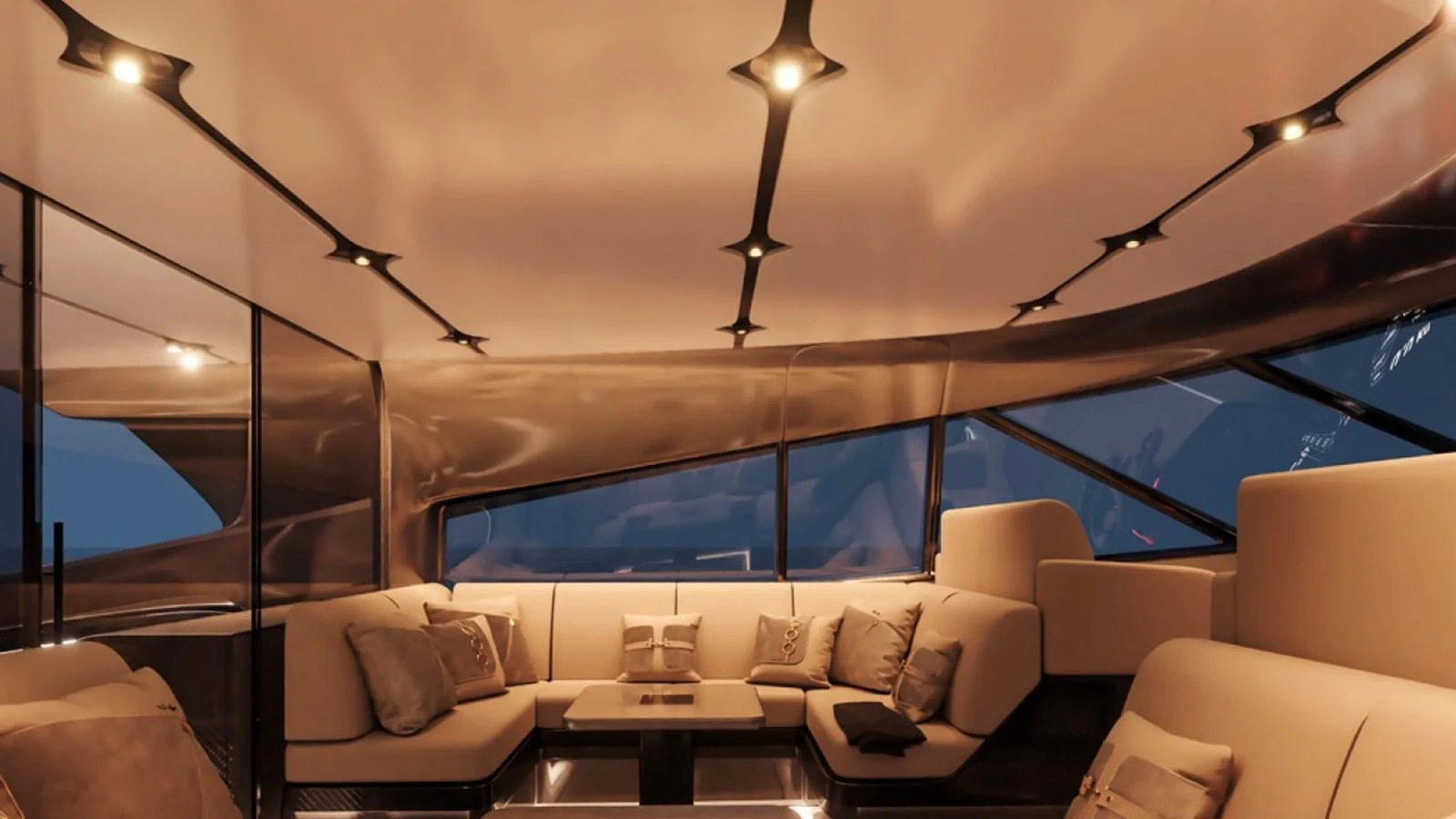The salon features luxurious seating with modern lighting and expansive windows. aboard OTTANTA VELOCE Yacht for Sale