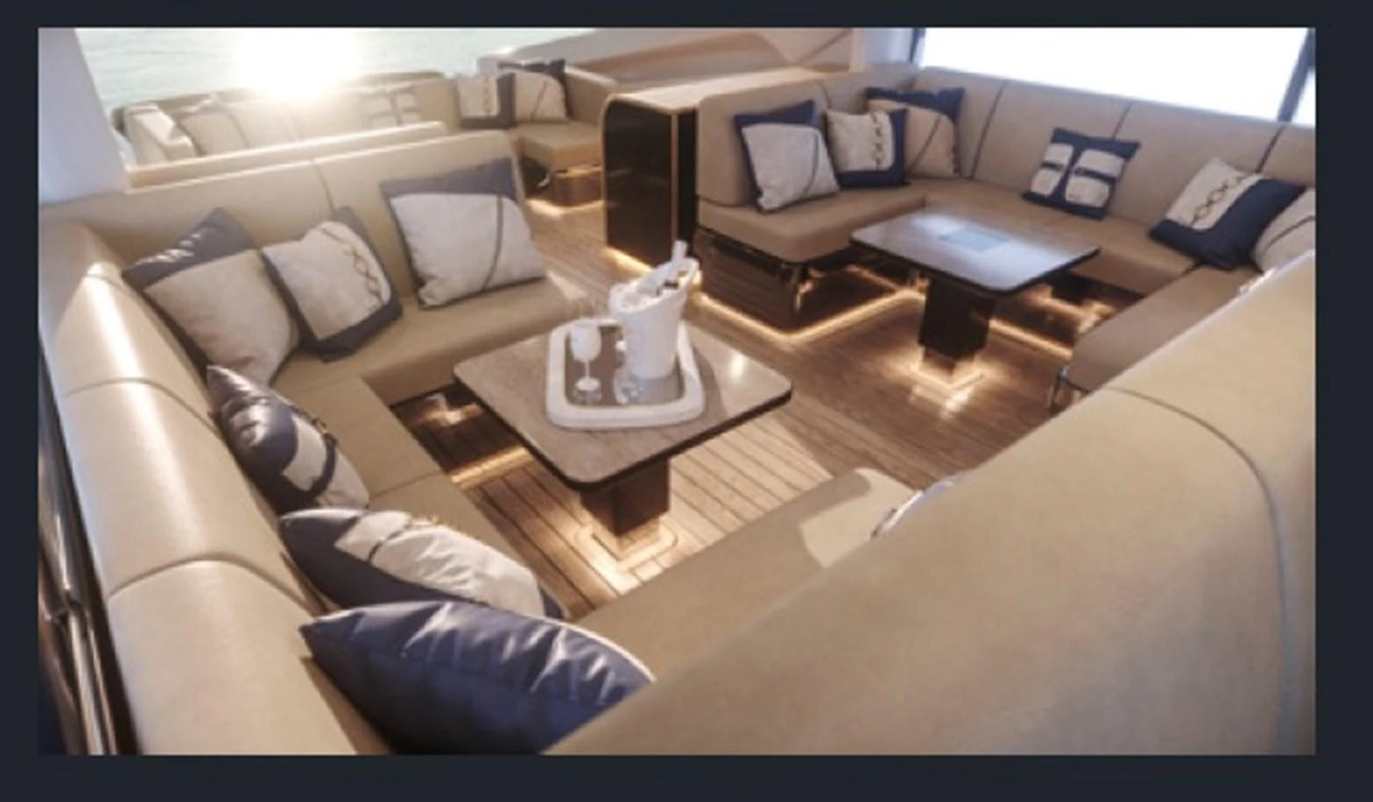 The yacht's salon features plush seating with elegant cushions and a central table, creating a cozy and inviting atmosphere. aboard OTTANTA VELOCE Yacht for Sale