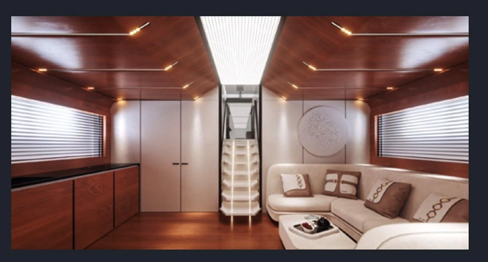 The salon features a modern design with comfortable seating and elegant wood finishes. aboard OTTANTA VELOCE Yacht for Sale