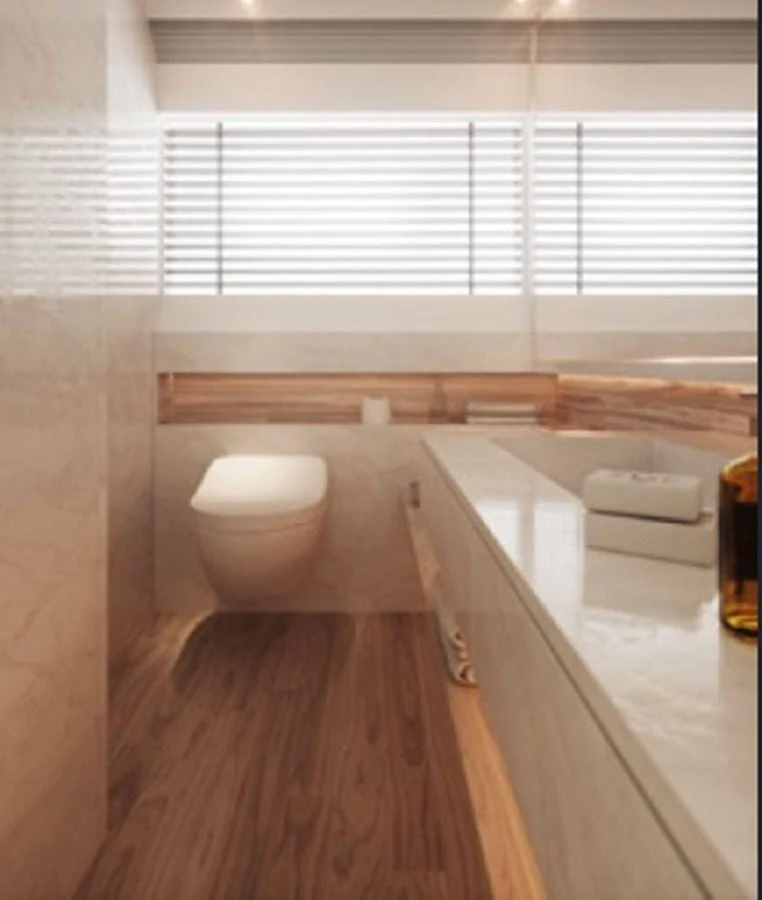 The yacht's bathroom features modern fixtures and a sleek design with ample natural light. aboard OTTANTA VELOCE Yacht for Sale