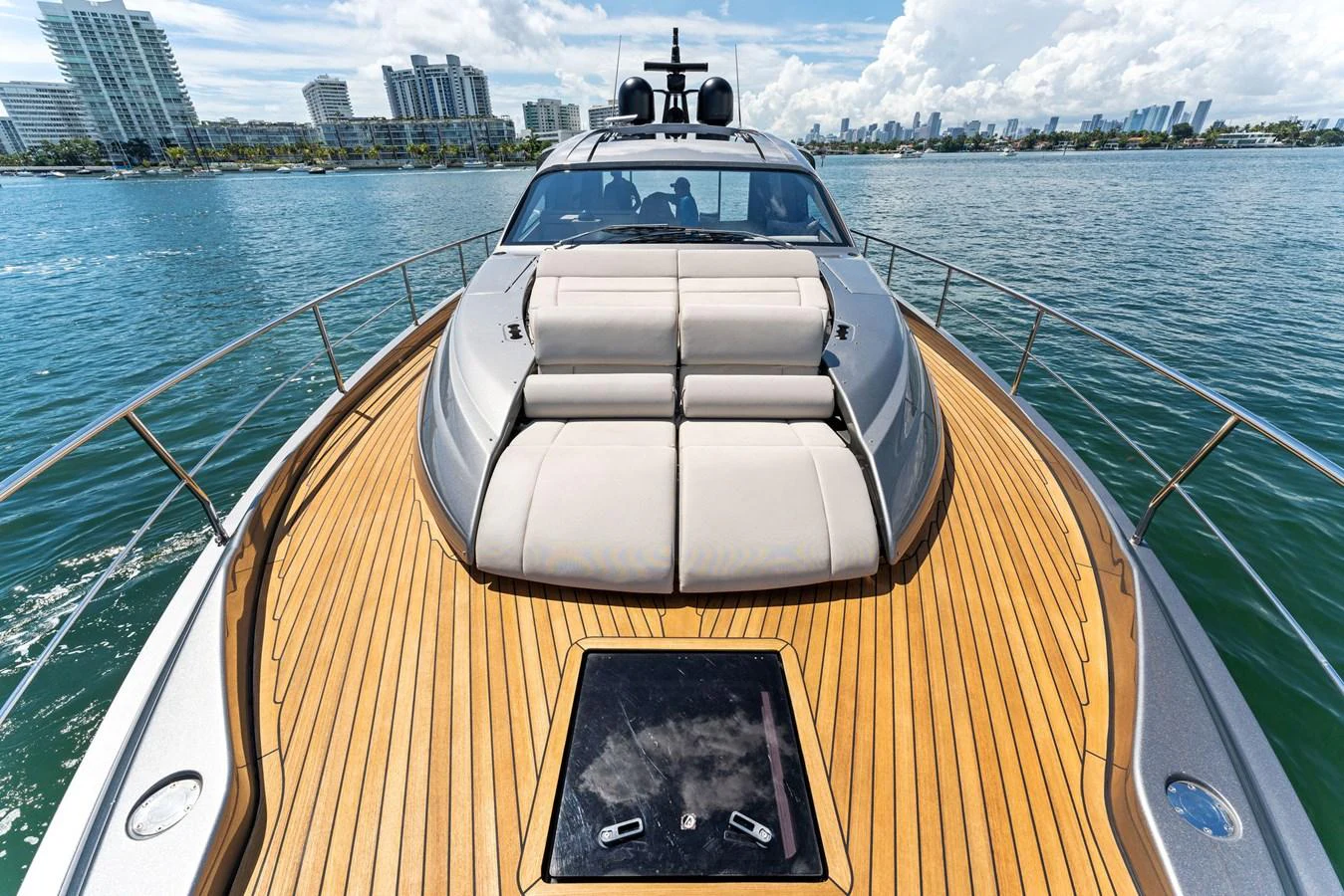 The yacht's foredeck features spacious sun pads and a sleek design, perfect for relaxation. aboard QUANTUM Yacht for Sale