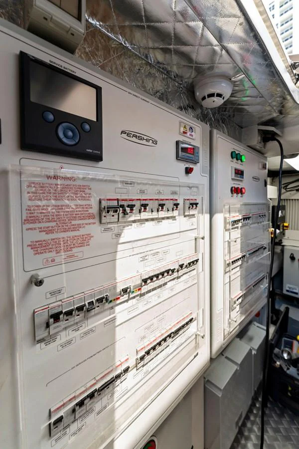 The yacht's electrical panel is well-organized and equipped with modern controls. aboard QUANTUM Yacht for Sale