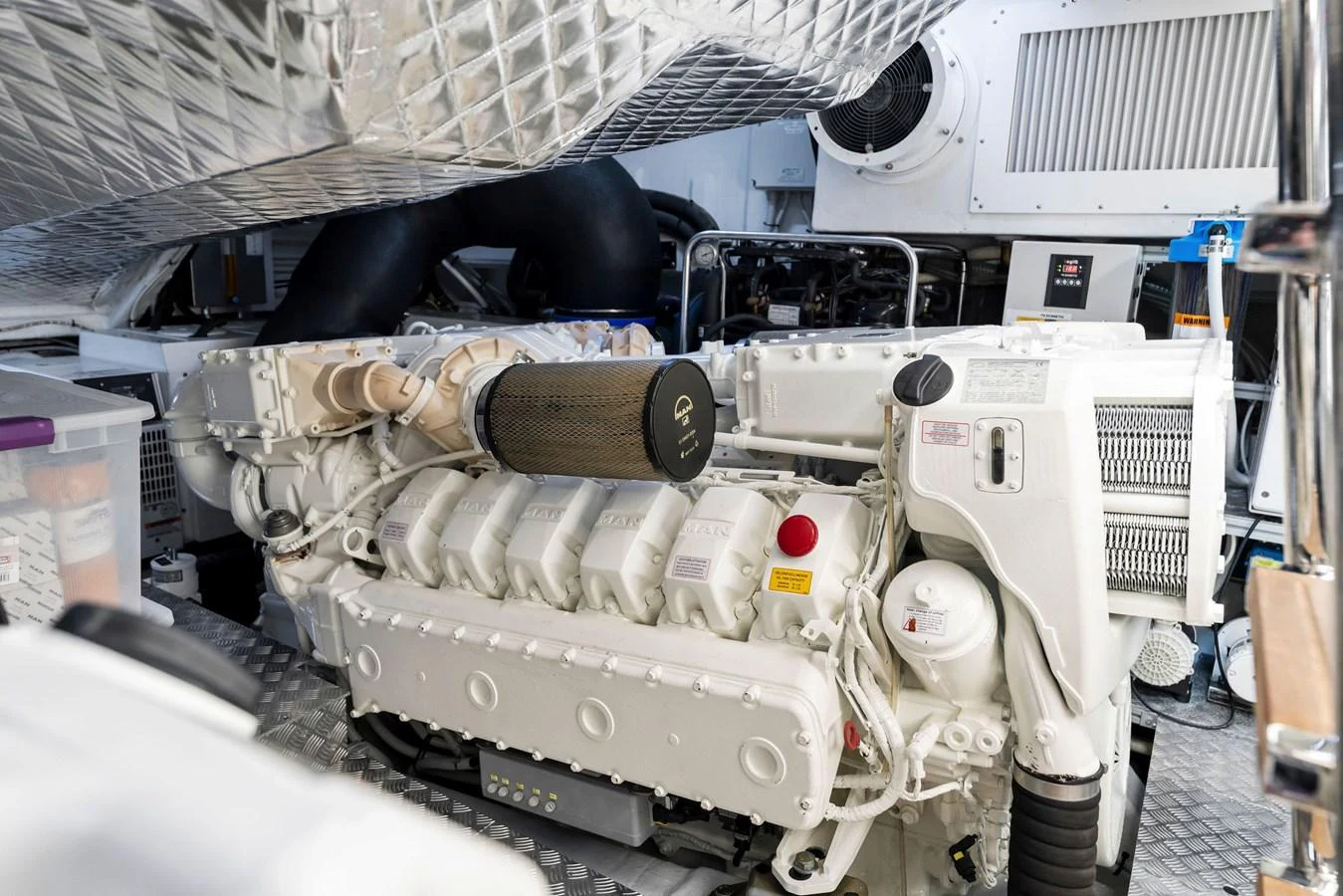 The engine room showcases the yacht's powerful machinery and technical components. aboard QUANTUM Yacht for Sale