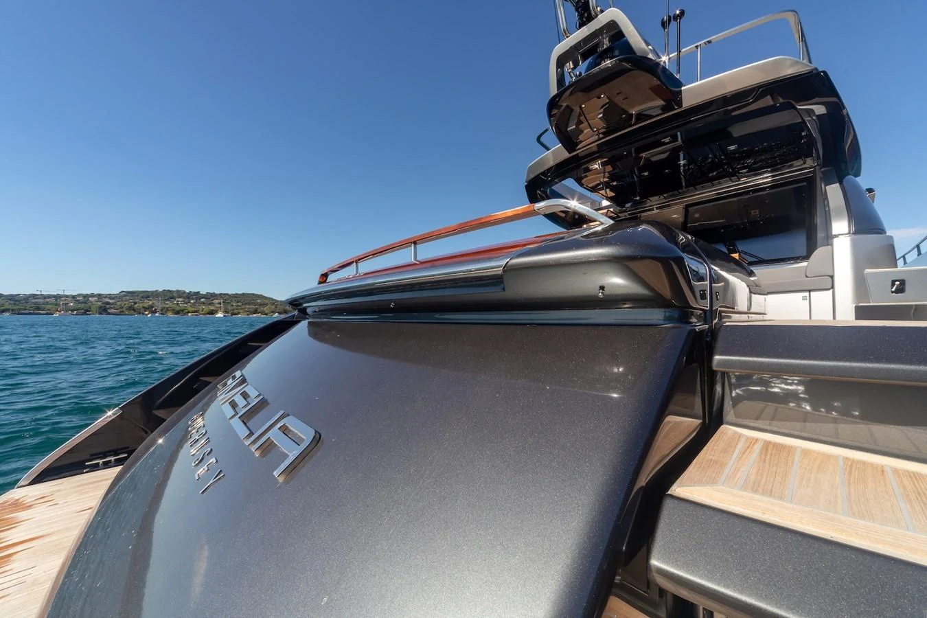 The sleek exterior of the yacht showcases modern design and luxurious finishes. aboard AMELIA Yacht for Sale