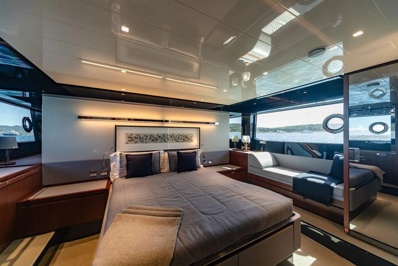 The master stateroom offers a luxurious and spacious retreat with panoramic views. aboard AMELIA Yacht for Sale